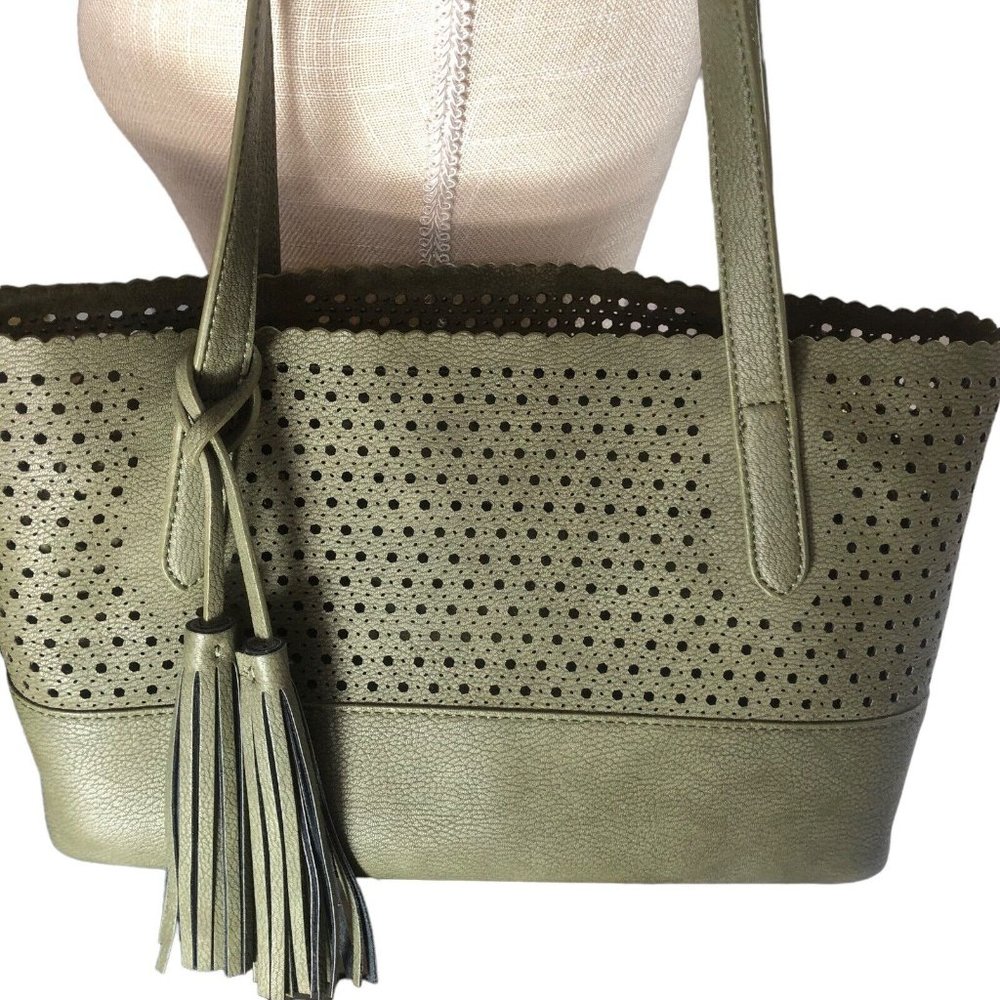 Buco Jeselli Laser Cut Circles Leather Tassel Bag Removable Insert Pocket Green